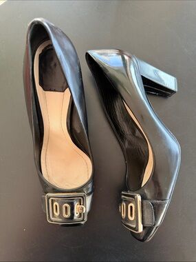Dior Black Patent Block Heel Pumps with Decorative Buckle